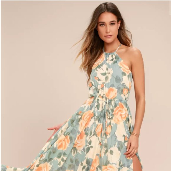 Lulus Dresses & Skirts - Lulus Light Blue and Peach Floral Print Maxi Dress